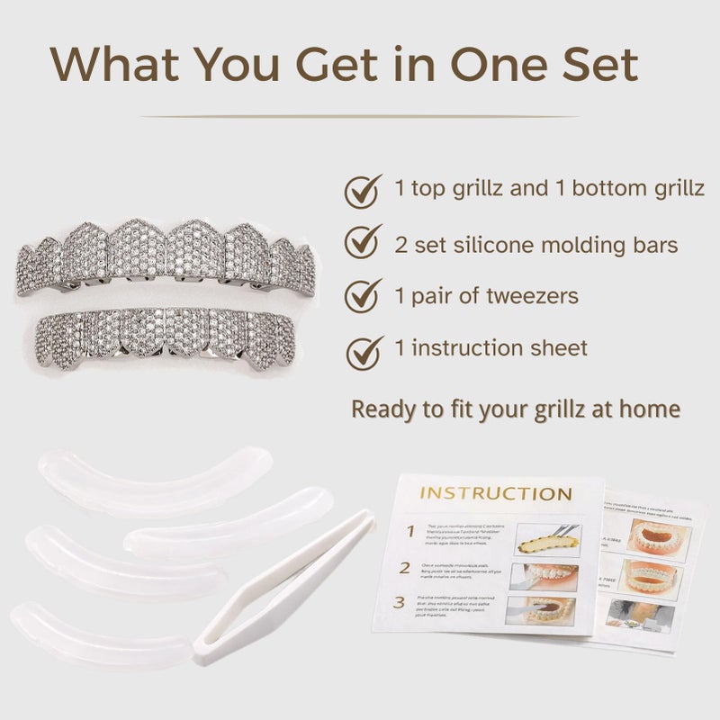 JINAO Grillz Teeth Men - Grills for Your Teeth 8 Top & Bottom Set, 18K Gold-Plated Brass Dental Grills with Molding Bars, Unisex Hip-Hop Rapper Costume Accessory(Iced Silvery Set) - Image 3